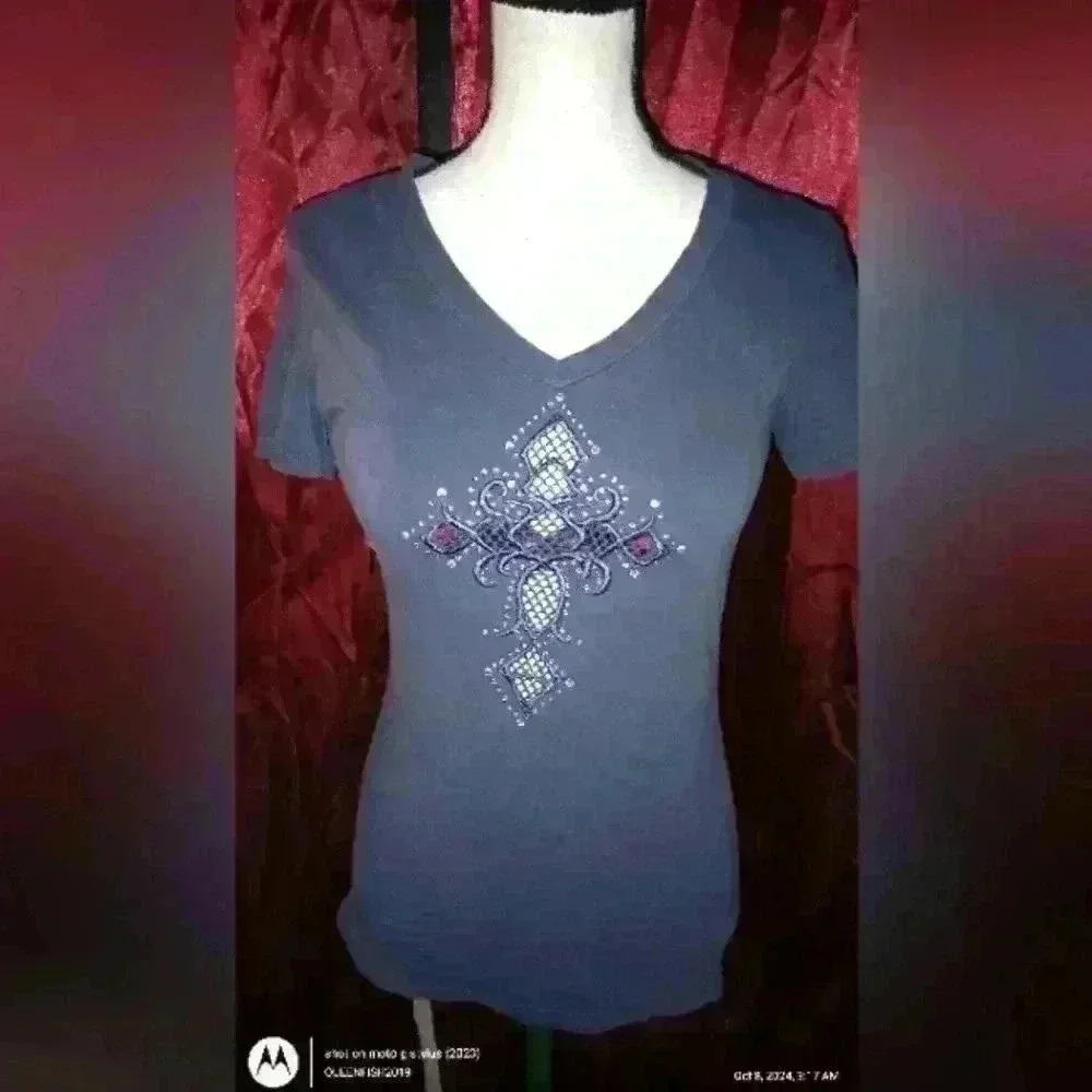 L.A. Bus Stop Y2K Grey Tee W/ Mesh Cross Women's Size Sm